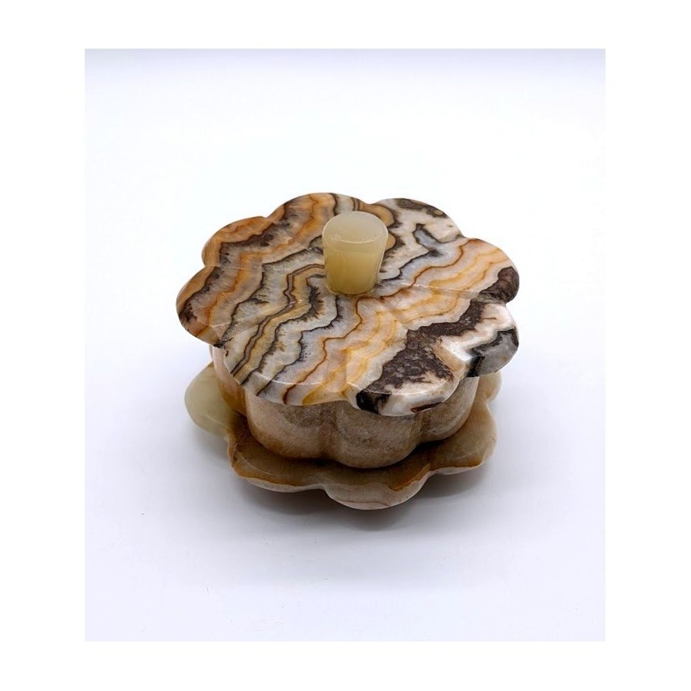 Vintage Natural Alabaster Onyx Marble Scalloped Flower Trinket Box Earth Tones